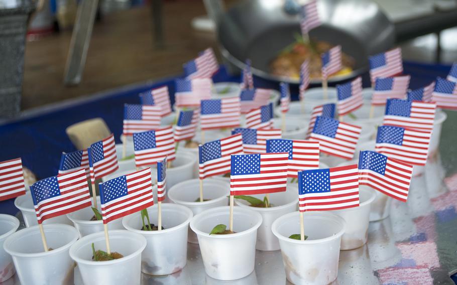Flags decorate the Coast Guard samples during the Military Chefs Cook on June 27, 2015, in Washington, D.C.