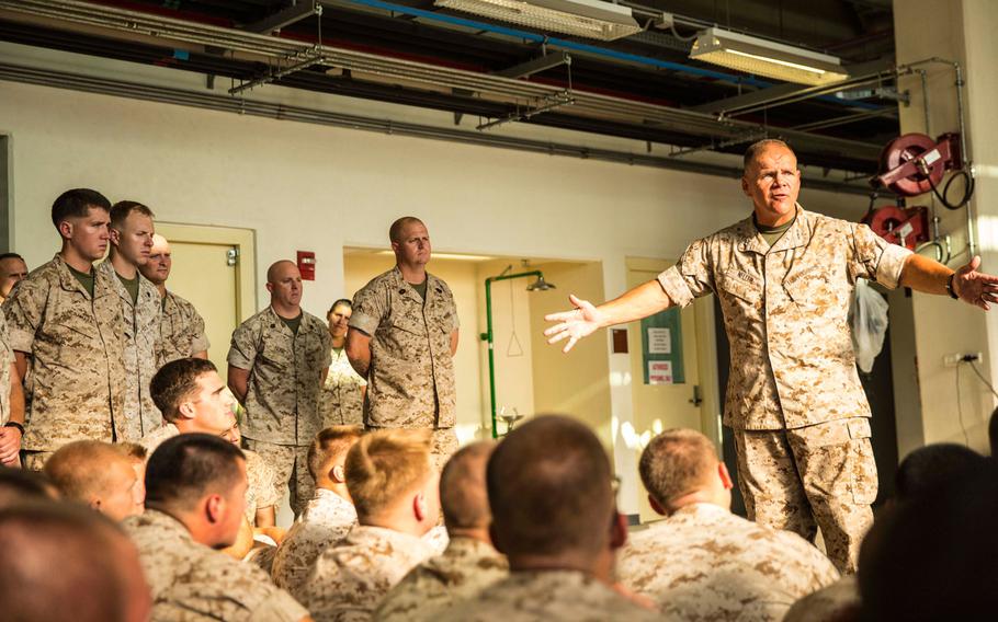 Lt. Gen. Robert Neller, the commanding general of Marine Corps Forces Command, talks to servicemembers at Naval Air Station Sigonella, Italy, on Aug. 9, 2014.