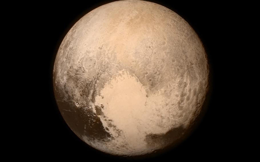 This New Horizons shot shows off Pluto's "heart" in full color. The spacecraft was just over half a million miles away from the dwarf planet on July 13, 2015. The "heart" measures approximately 1,000 miles across. 