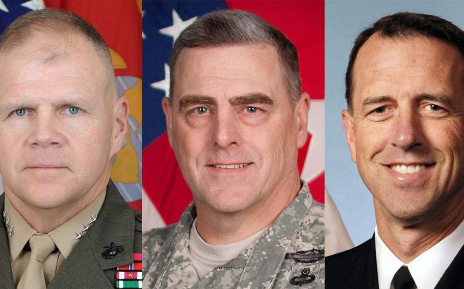 Lawmakers approved the Obama administration nominations of Robert Neller, left, as the Marine Corps commandant, Mark Milley, center, to be the Army chief of staff, and John Richardson as the chief of naval operations.