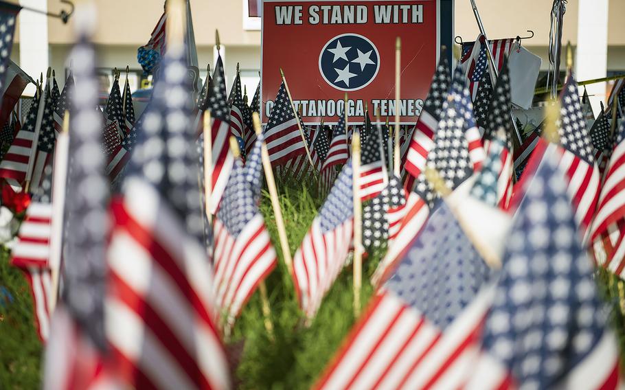 A memorial stands outside of the Armed Forces Recruiting Center in  Chattanooga, Tenn., is seen Aug. 13, 2015. The memorial honors the four Marines and one Sailor who were killed as a result of the shooting in the Navy Operational Support Center Chattanooga on July 16.
