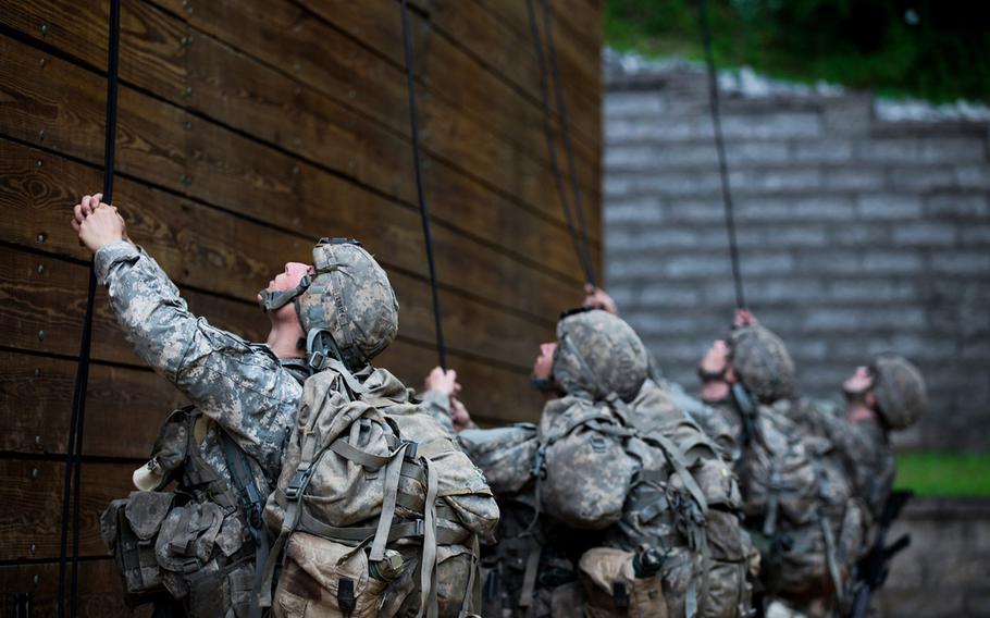 Soldiers participate in rappel training during the Ranger Course on Camp Merrill in Dahlonega, Ga., on July 12, 2015. 