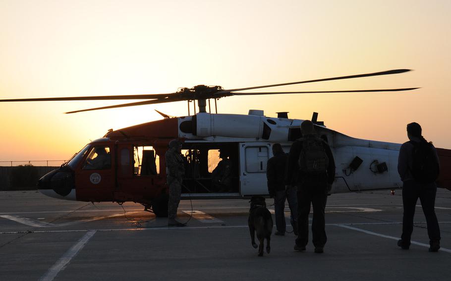 Dano, a military working dog, and his handler Staff Sgt. John Breyer (center foreground), along with several MFO Peacekeeper support staff prepare to board a Multinational Force and Observer's UH-60 Blackhawk as the sun sets over MFO's North Camp in El Gorah, Egypt, April 26, 2015.  Dano was medically evacuated to Tel Aviv, Israel for a dental procedure. He returned to North Camp the same day with a clean bill of health. 