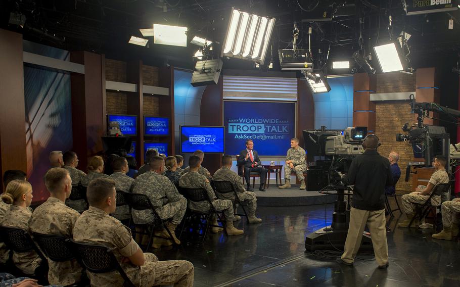 Secretary of Defense Ash Carter hosts a first Worldwide Troop Talk at the Defense Media Activity at Fort George G. Meade, Md., Sept. 1, 2015. Carter answered questions from service members around the world. 