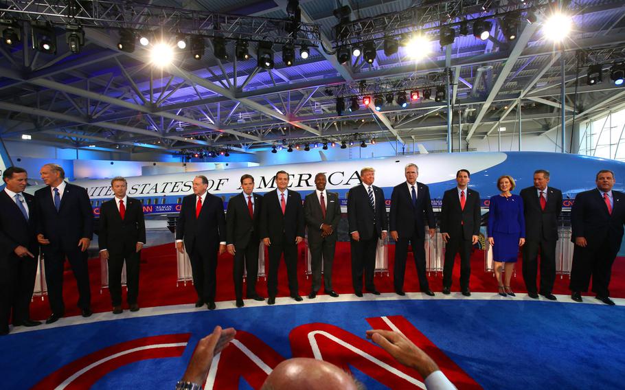 Republican presidential candidates take the stage for the start of the debate at the Reagan Library in Simi Valley, Calif., on Wednesday, Sept. 16, 2015.