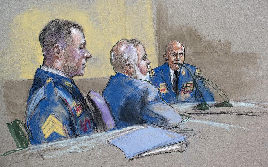 Army Sgt. Bowe Bergdahl, left, and defense lead counsel Eugene Fidell, center, look on as Maj. Gen. Kenneth Dahl is questioned during a preliminary hearing on Friday, Sept. 18, 2015, at Fort Sam Houston, Texas, to determine if Bergdahl will be court-martialed. 