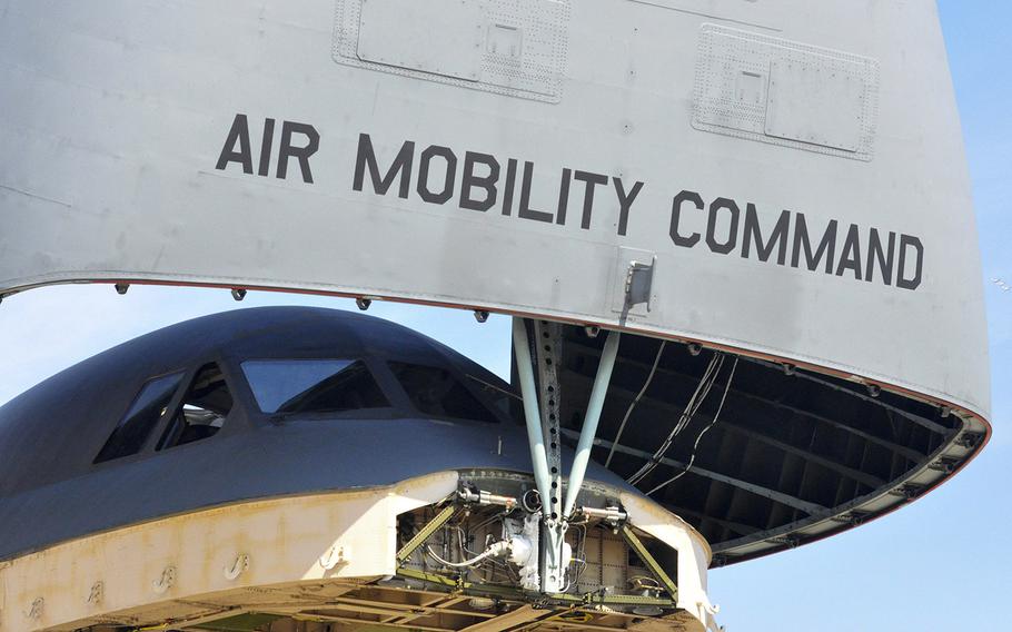 The nose of the C-5M Super Galaxy aircraft is upright while on display at the 2015 Joint Base Andrews Air Show. The show attracted more than 10,000 people who watched the performances at the Maryland Air Force base.