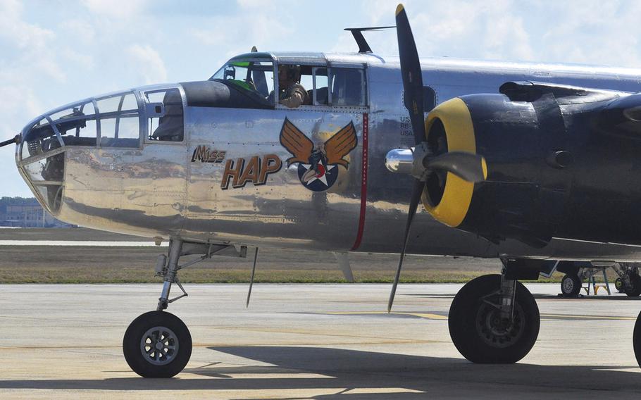 The â€œMiss Hapâ€� prepares to take to the sky at the 2015 Joint Base Andrews Air Show. The plane is the oldest surviving B-25.