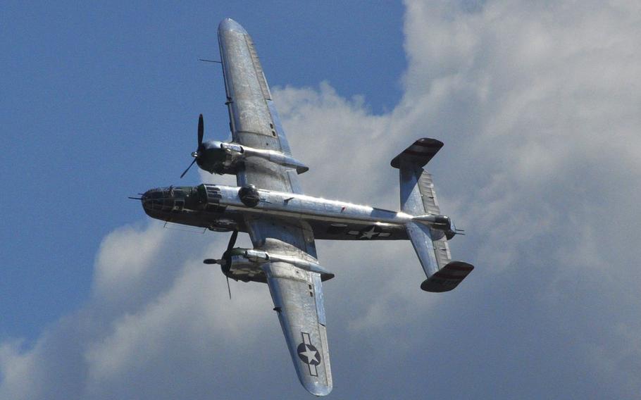 Panchito, the B-25J bomber, flies over the 2015 Joint Base Andrews Air Show. The show attracted over 10,000 attendees after a three year hiatus. 