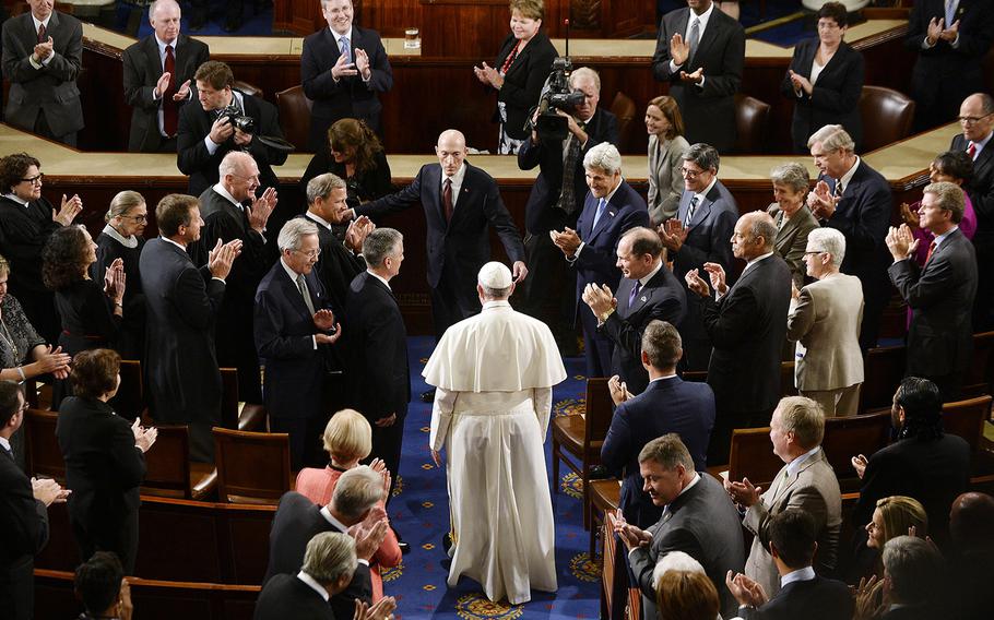 Pope Francis arrives to address a joint session of Congress on Thursday, Sept. 24, 2015.