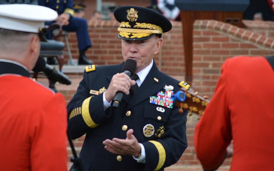 Retiring Chairman of the Joint Chiefs of Staff Gen. Martin Dempsey, during his farewell ceremony at Joint Base Myer-Henderson Hall, Va., Sept. 25, 2015.