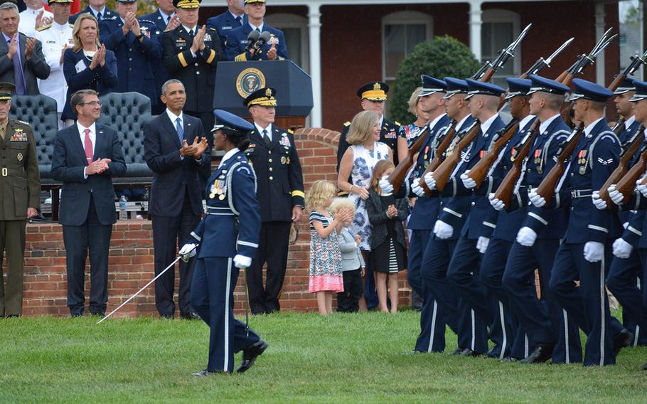 The farewell ceremony for retiring Chairman of the Joint Chiefs of Staff Gen. Martin Dempsey at Joint Base Myer-Henderson Hall, Va., Sept. 25, 2015.