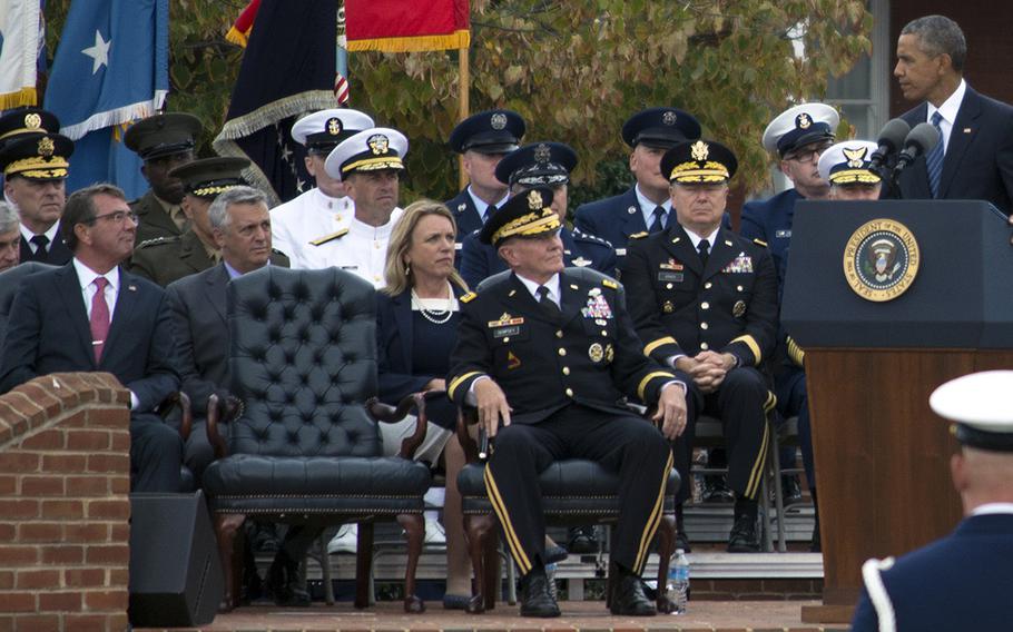 President Barack Obama speaks during the farewell ceremony for retiring Chairman of the Joint Chiefs of Staff Gen. Martin Dempsey at Joint Base Myer-Henderson Hall, Va., Sept. 25, 2015.