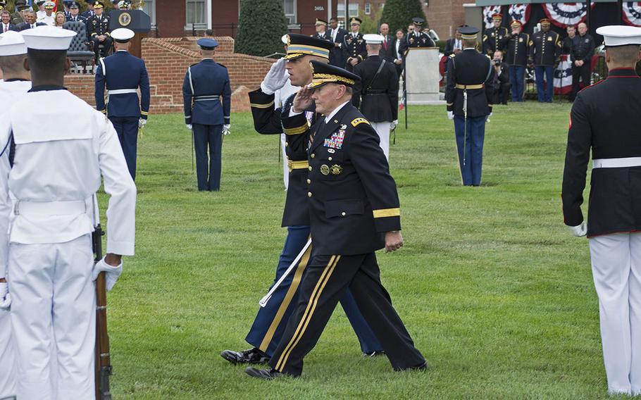 Retiring Chairman of the Joint Chiefs of Staff Gen. Martin Dempsey, during his farewell ceremony at Joint Base Myer-Henderson Hall, Va., Sept. 25, 2015.