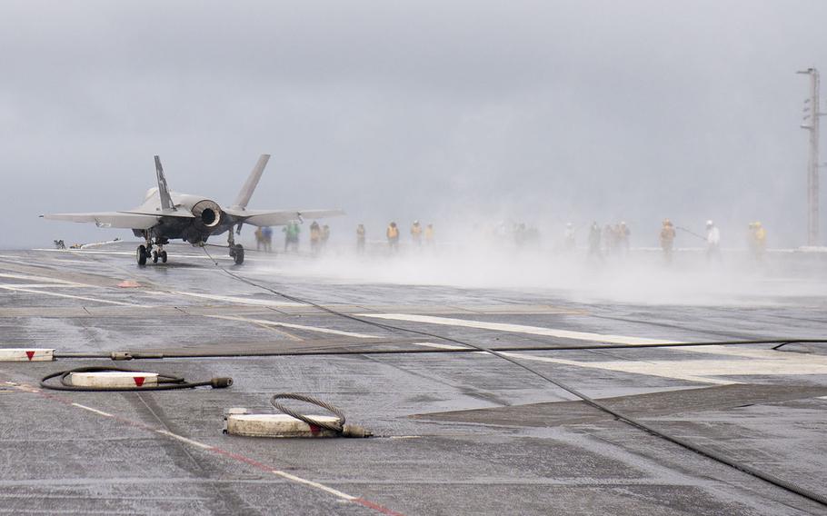 An F-35C Lightning II carrier variant Joint Strike Fighter from the Pax River Integrated Test Force conducts its 1st arrested landing aboard the aircraft carrier USS Dwight D. Eisenhower on Oct. 3, 2015. 