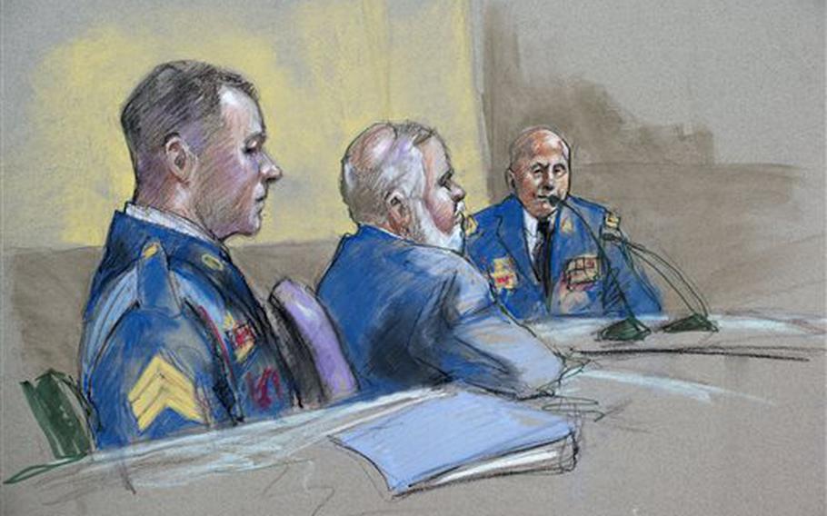 Army Sgt. Bowe Bergdahl, left, and defense lead counsel Eugene Fidell, center, look on as Maj. Gen. Kenneth Dahl is questioned during a preliminary hearing to determine if Sgt. Bergdahl will be court-martialed, Friday, Sept. 18, 2015, at Fort Sam Houston, Texas. Bergdahl, who left his post in Afghanistan and was held by the Taliban for five years, is charged with desertion and misbehavior before the enemy. 