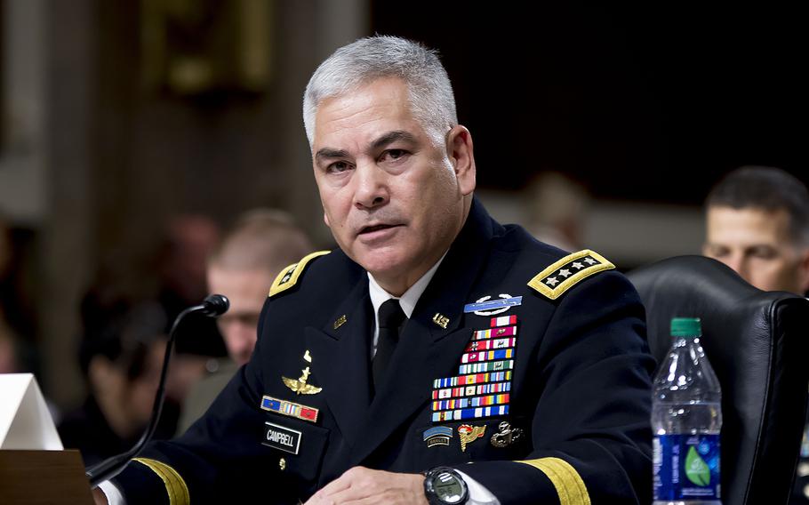 Gen. John Campbell answers a question during a Senate Armed Services Committee hearing on Capitol Hill in Washington, on Tuesday, Oct. 6, 2015. Campbell testified that the Afghan military doesn't have "the necessary combat power and numbers to protect every part of the country."