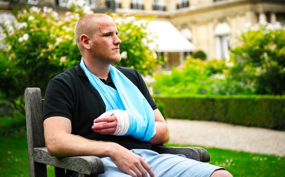Spencer Stone seen in Paris on Aug. 23, 2015, after he helped stop a terror attack on a Paris-bound train. The U.S. airman was still recuperating in a California hospital Saturday, Oct. 10, after being stabbed several times on a Sacramento street on Thursday, Oct. 7.