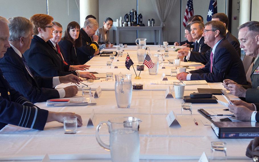 U.S. Defense Secretary Ash Carter meets with Australian Defense Minister Marise Payne during the Australia–United States Ministerial Consultations in Boston, Oct. 12, 2015. The two leaders discussed matters of mutual importance. 