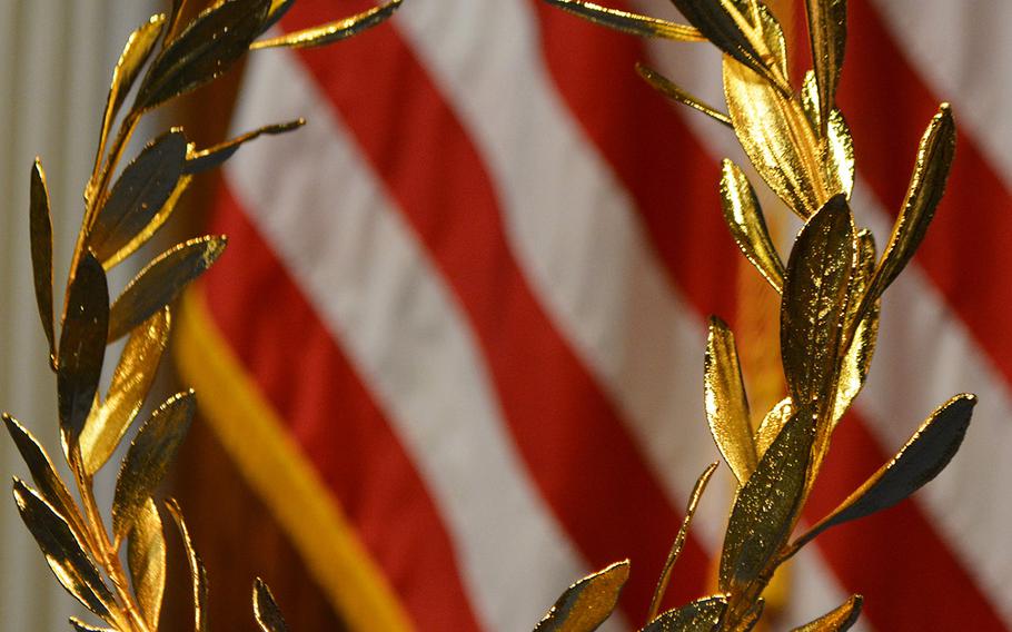 The golden wreath from Greece is displayed during the Marine Corps Marathon Press Conference at the National Press Club on Oct. 23, 2015.