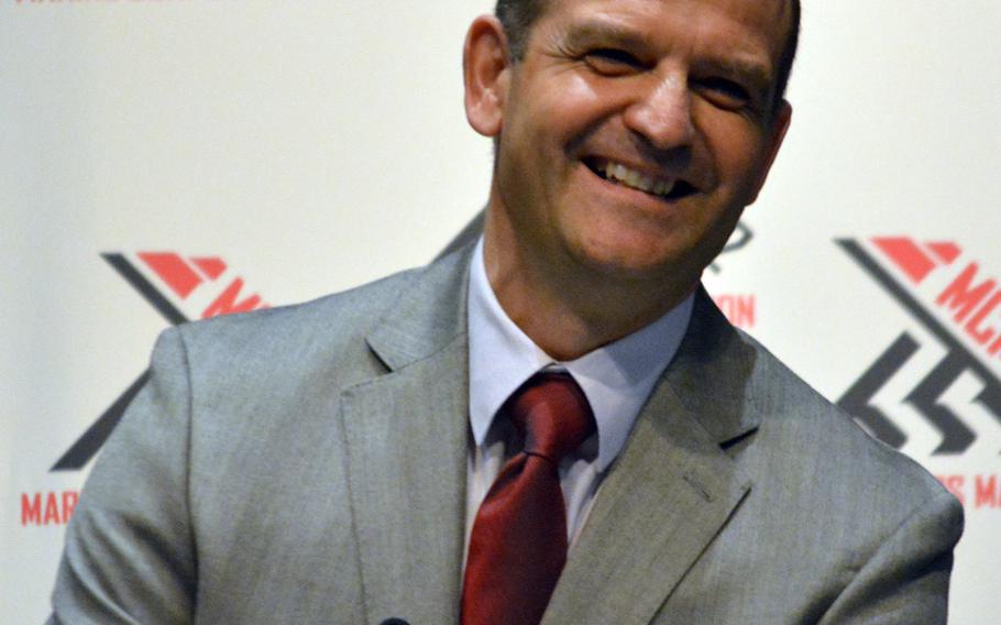 Ambassador of Greece Christos Panagopoulos makes remarks during the Marine Corps Marathon Press Conference at the National Press Club on Oct. 23, 2015.