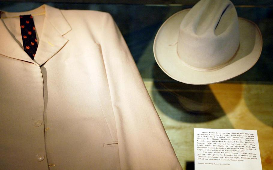 Former Dallas Police Department Detective Jim Leavelle was handcuffed to Lee Harvey Oswald when Oswald was shot by Jack Ruby. Leavelle donated the handcuffs and suit he was wearing that day to the Sixth Floor Museum.