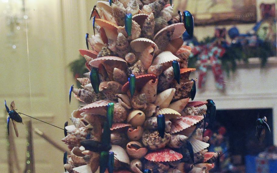 A Christmas tree made of faux shells at the White House on Dec. 2, 2015. First Lady Michelle Obama was hosting a preview of White House holiday decorations for military families.