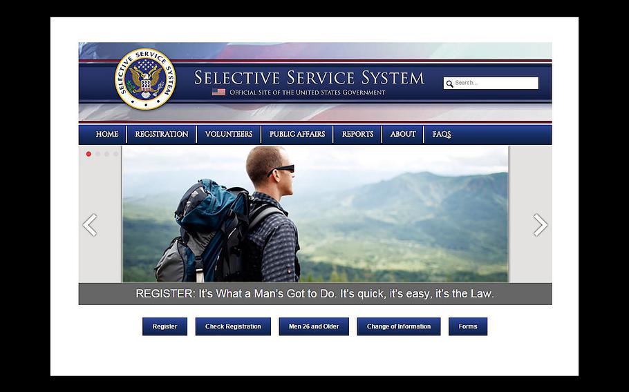 A screen grab shows a Selective Service System web page. A California court is slated to hear arguments on Tuesday, Dec. 8, 2015, that challenges the United States male only requirement for registering with the Selective Service which is used in the event that the draft is re-instated.