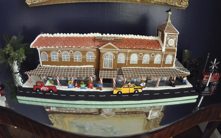 A gingerbread replica of the Joseph R. Biden, Jr. Railroad Station in Wilmington, Del., decorates the dining room of the Vice President's residence on Dec. 8, 2015.