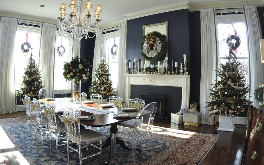 The dining room of the Vice President's residence is decorated with white, gold and silver for a "Winter Wonderland" theme on Dec. 8, 2015.