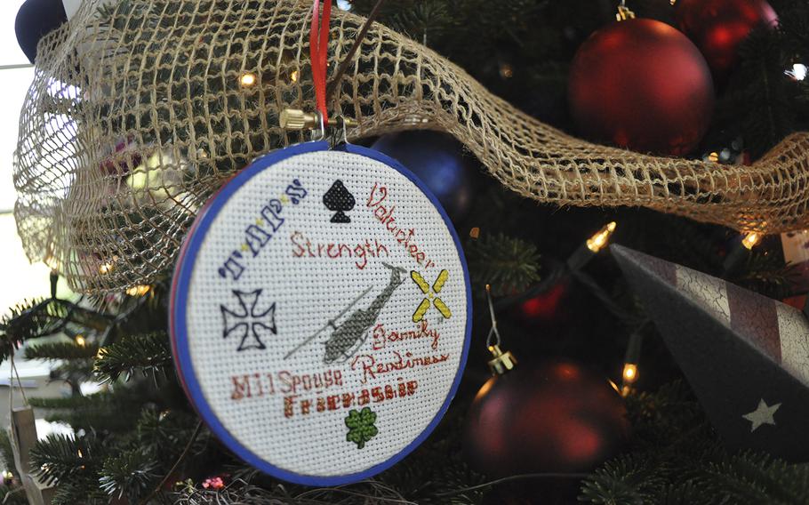 A military spouses ornament adorns a military-themed Christmas tree at the Vice President's residence in Washington, D.C. on Dec. 8, 2015. 