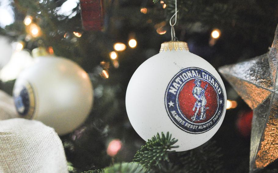 A National Guard ornament adorns a military-themed Christmas tree at the Vice President's residence on Dec. 8, 2015. 