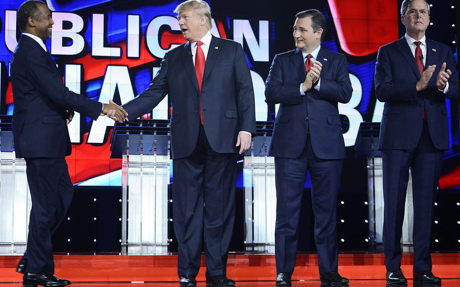 GOP presidential candidates Dr. Ben Carson, Donald Trump, Sen. Ted Cruz (R-Texas) and Jeb Bush on stage during the CNN Republican presidential debate at the Venetian in Las Vegas on Tuesday, Dec. 15, 2015.