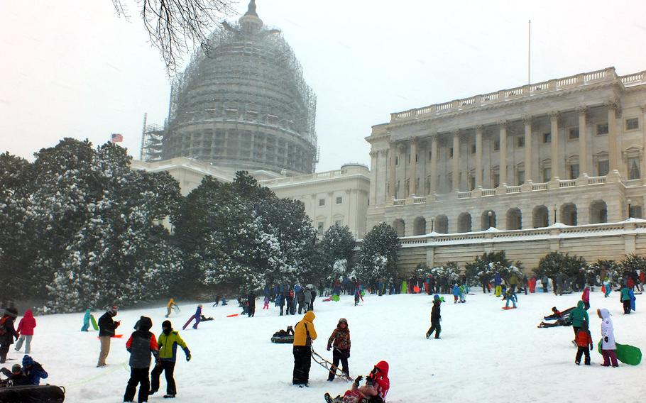 During the blizzard on Saturday, Jan. 23, 2016, Capitol Hill was a popular location for sledding.