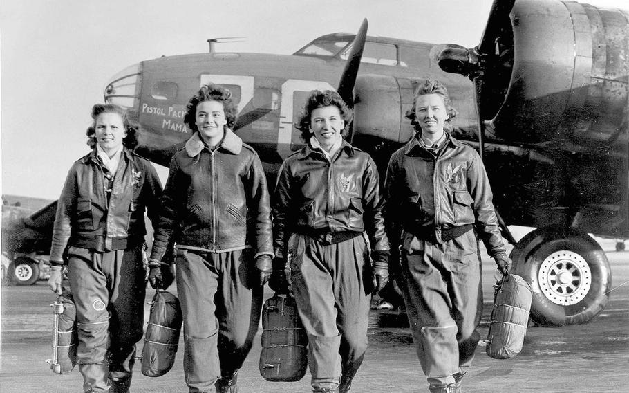 Female pilots, from left, Frances Green, Margaret (Peg) Kirchner, Ann Waldner and Blanche Osborn, walk from their aircraft at Lockbourne Army Air Force Base in Ohio during World War II. The four were members of a group of Women Airforce Service Pilots trained to ferry the B-17 Flying Fortresses.