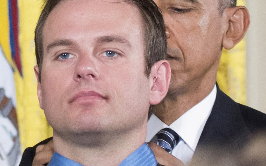 Senior Chief Petty Officer Edward C. Byers Jr. receives the Medal of Honor from President Barack Obama at a White House ceremony, Feb. 29, 2016.