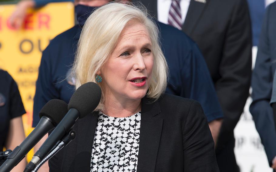Sen. Kirsten Gillibrand, D-N.Y., speaks in front of the U.S. Capitol in Washington on Tuesday, Sept. 15, 2020, as advocates lobby for legislation that would provide benefits to military veterans who have been exposed to toxins from burn pits used at overseas locations.