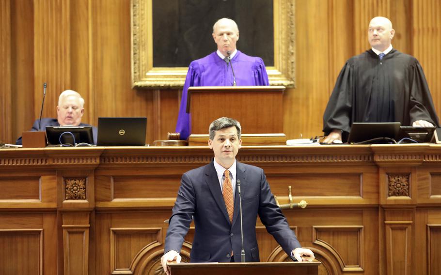 South Carolina Senate Majority Leader Shane Massey, R-Edgefield, speaks in favor of a bill that would make the state's abortion laws stricter on Tuesday, May, 23, 2023, in Columbia, S.C. 