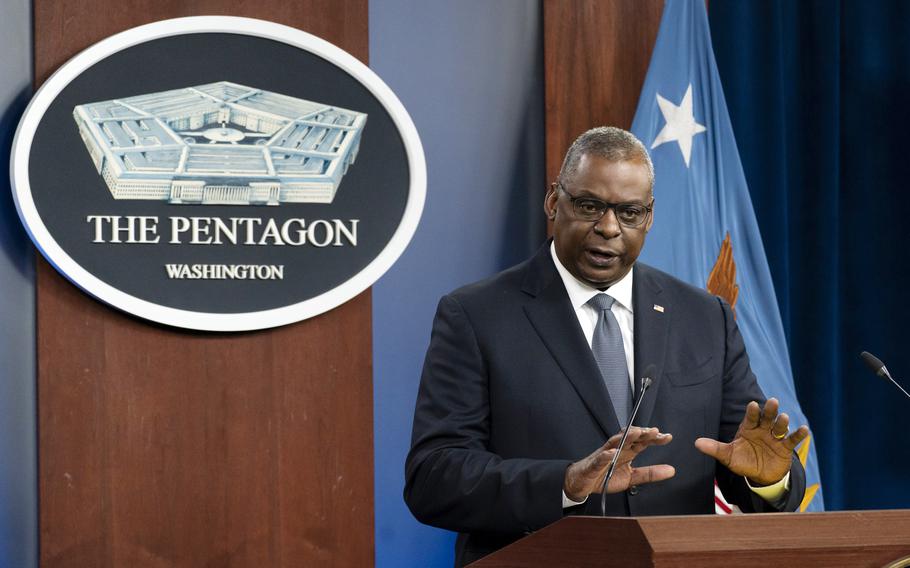 Secretary of Defense Lloyd Austin speaks during a media briefing at the Pentagon, Nov. 17, 2021, in Washington. A federal judge in Texas has granted a preliminary injunction stopping the Navy from acting against 35 sailors for refusing on religious grounds to comply with an order to get vaccinated against COVID-19. The injunction is a new challenge to Defense Secretary Lloyd Austin’s decision to make vaccinations mandatory for all members of the military. (AP Photo/Alex Brandon, File)