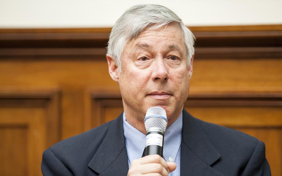 U.S. Rep. Fred Upton, R-Mich., introduces guest speakers, including rock legend Roger Daltrey of The Who, on Wednesday, March 23, 2016, during a panel discussion about a medical bill working its way through Congress. In closing the discussion, Upton tweaked a famous quote to say, "If not now, when? If not us, Who?"
