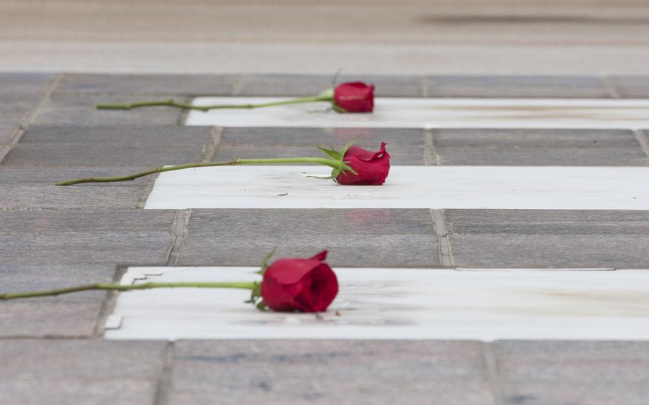 Three roses lay at the base of the the Tomb of the Unknown Soldier in Arlington National Cemetery during Medal of Honor Day, March 25, 2016.