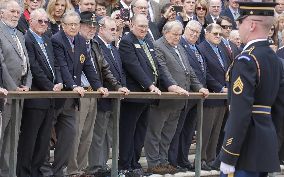 Medal of Honor recipients watched the Changing of the Guard at the Tomb of the Unknown Soldier in Arlington National Cemetery during Medal of Honor Day, March 25, 2016.