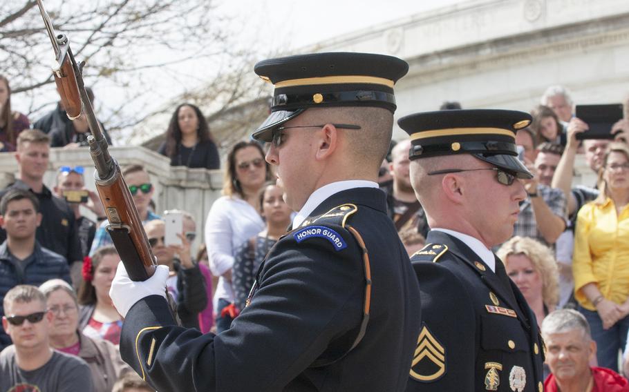 The Changing of the Guard at the Tomb of the Unknown Soldier in Arlington National Cemetery during Medal of Honor Day, March 25, 2016.