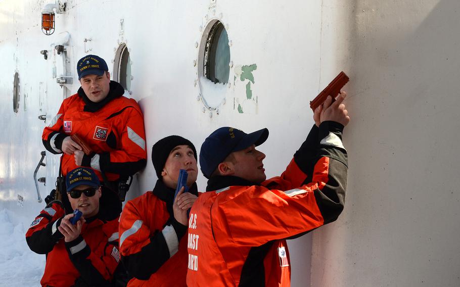 U.S. Coast Guard, Ninth District, teams from St. Ignace and Charlevoix, Mich., participate in ship boarding and clearing as part of Exercise Arctic Eagle, April 04, 2016. 