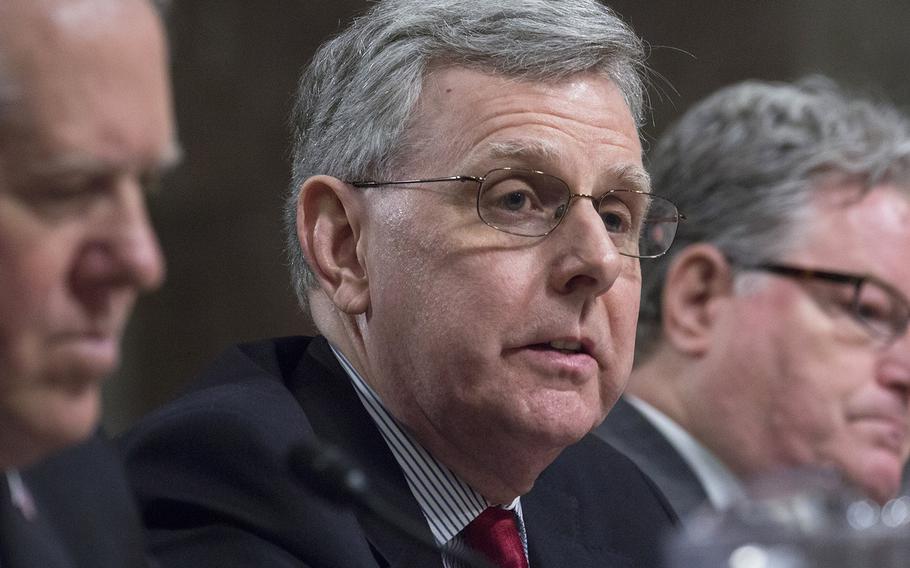 J. Michael Gilmore, the Defense Department's director of operational test and evaluation, testifies at a Senate Armed Forces Committee hearing on Capitol Hill, April 26, 2016. On the left is Frank Kendall III, undersecretary of defense for acquisition, technology and logistics, and on the right is Michael Sullivan of the Government Accountability Office.