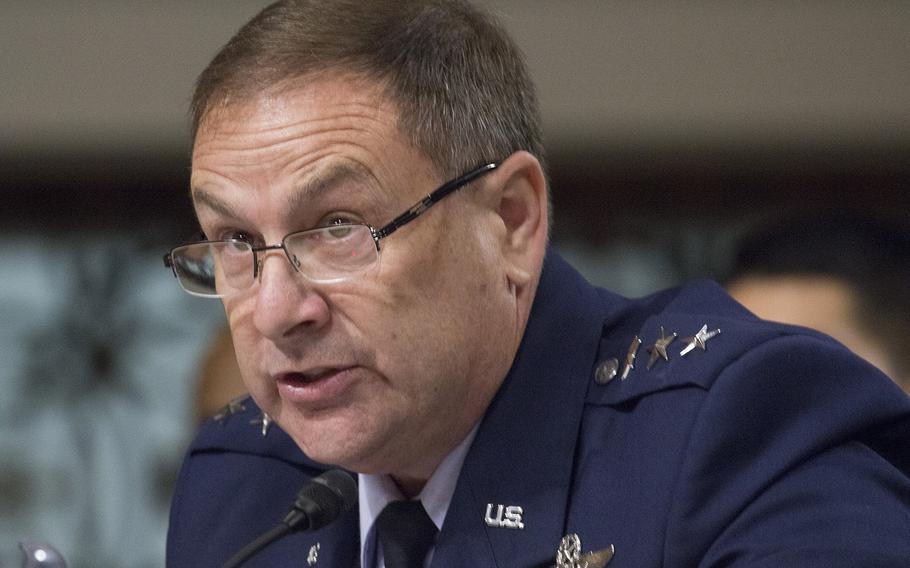 Lt. Gen. Christopher Bogdan, program executive officer for the F-35 Lightning II joint program, testifies at a Senate Armed Forces Committee hearing on Capitol Hill, April 26, 2016.