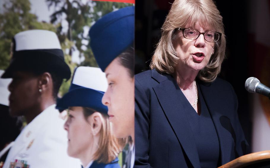 Brenda Farrell, the person responsible for military and DOD personnel issues at the Government Accountability Office, speaks at  a conference on military sexual assault, harassment and hazing, April 25, 2016 in Arlington, Va.