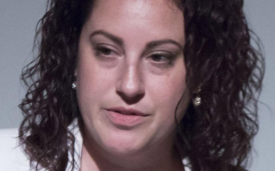Jessica Gallus, the research psychologist for the Army’s Sexual Harassment and Assault Response and Prevention program , speaks at a conference on military sexual assault, harassment and hazing, April 25, 2016 in Arlington, Va.