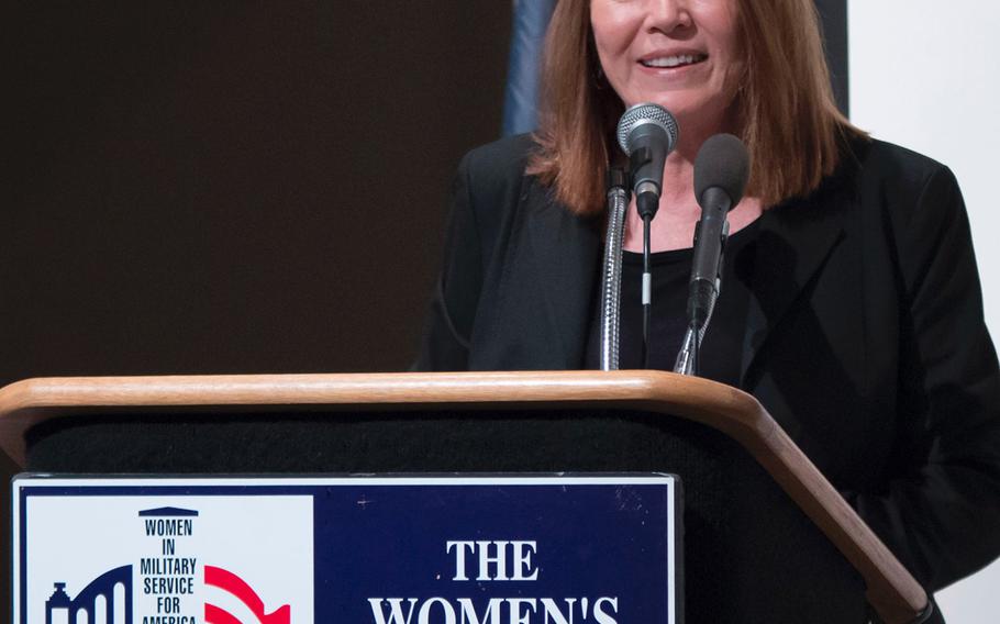 Dr. Maureen Duffy of the Taos Institute speaks at a conference on military sexual assault, harassment and hazing, April 25, 2016 in Arlington, Va.