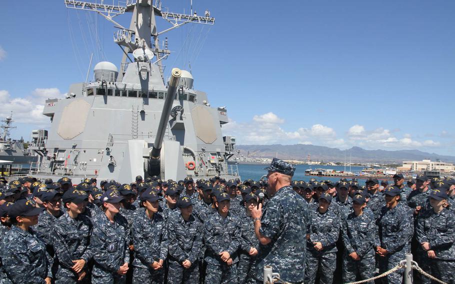 Adm. Scott Swift, U.S. Pacific Fleet commander, speaks to sailors during an all-hands call aboard the USS Momsen Tuesday, April 26, 2016, at Joint Base Pearl Harbor-Hickam, Hawaii. The Momsen and two other Arleigh Burke-class destroyers arrived a week ago from the West Coast and will deploy for seven months as a surface-action group under the 3rd Fleet Forward initiative, which is Swift's brainchild.